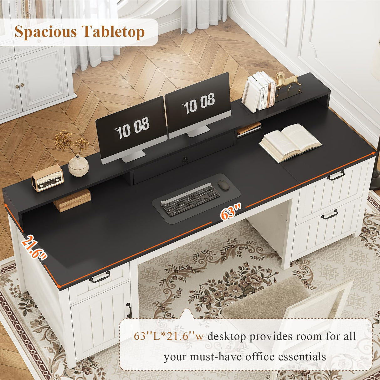 SEDETA Farmhouse 63" Executive Desk, Home Office Desk with File Drawer and Monitor Stand, Computer Desk with Drawers and Storage Cabinet, Wood Desk for Work Study Writing, White SEDETA