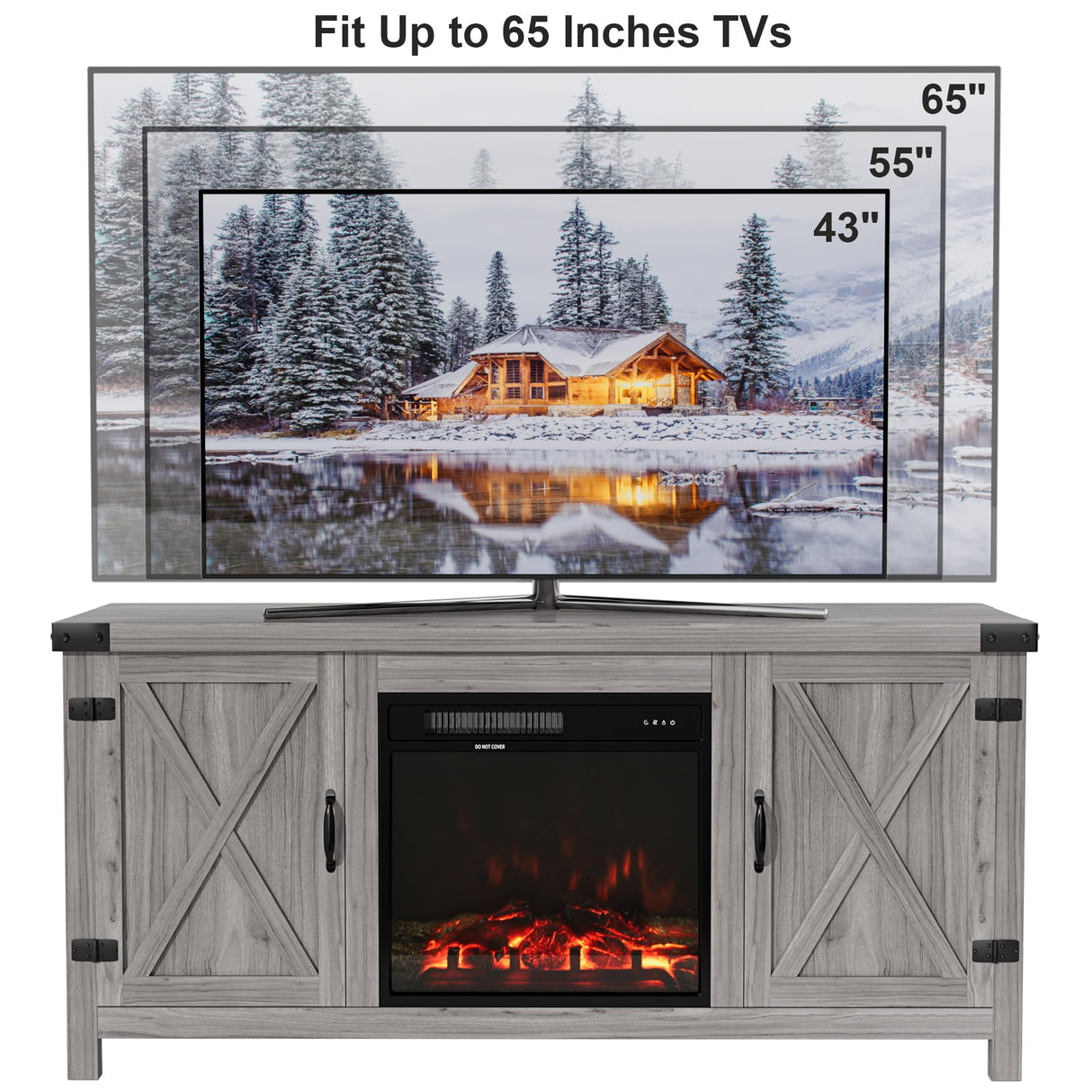 Furmax Fireplace TV Stand for Up to 65 Inches TVs, Farmhouse Entertainment Center with Grooved Barn Doors, Rustic Media Console Table with Storage Cabinets for Living Room (Grey Wash) Furmax