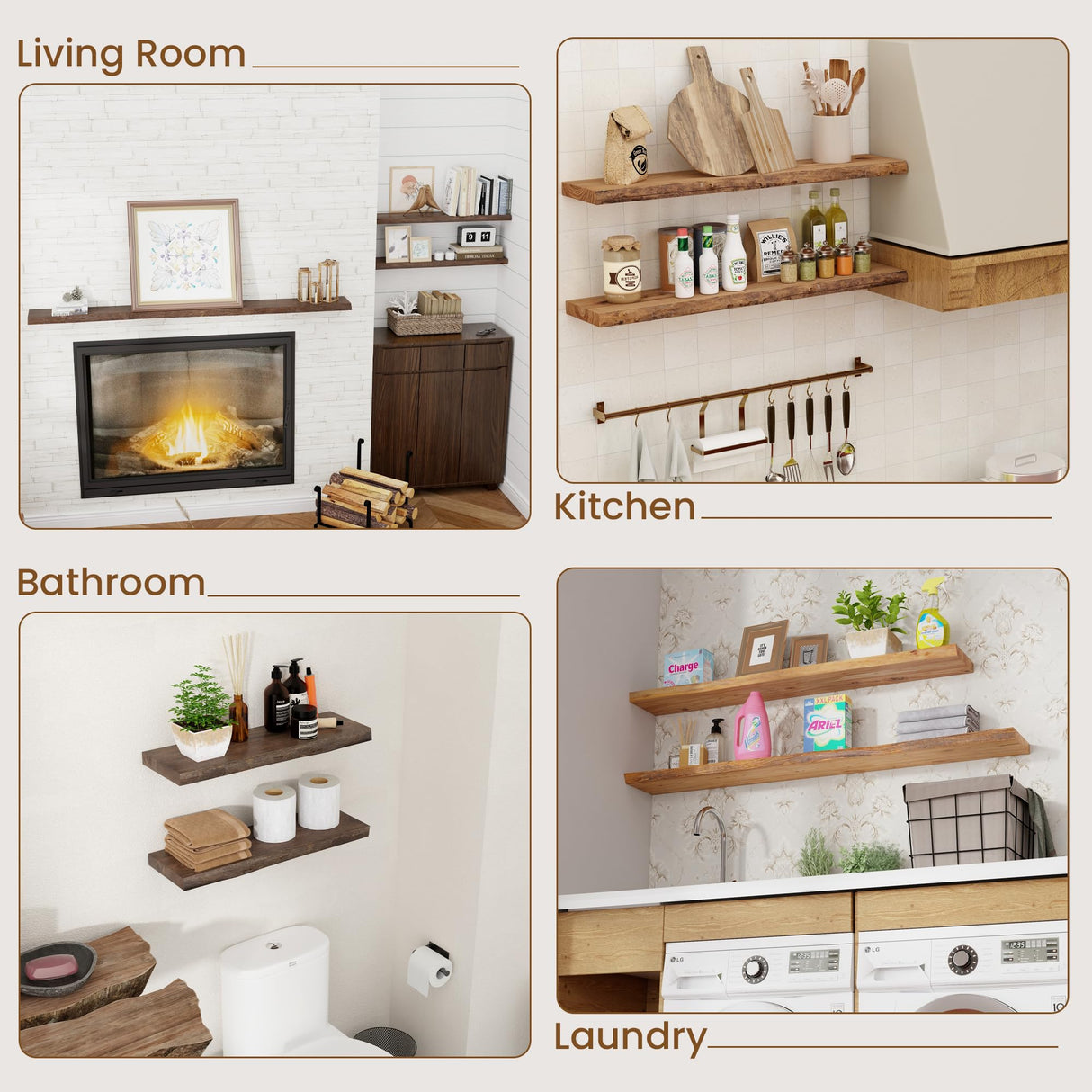 FLYJOE Floating Shelves for Wall Decor, Rustic Solid Elm Wood Floating Shelves Wall Mounted, Wall Shelves with Invisible Bracket for Living Room Bedroom Kitchen, 24 Inch Set of 2, Natural FLYJOE