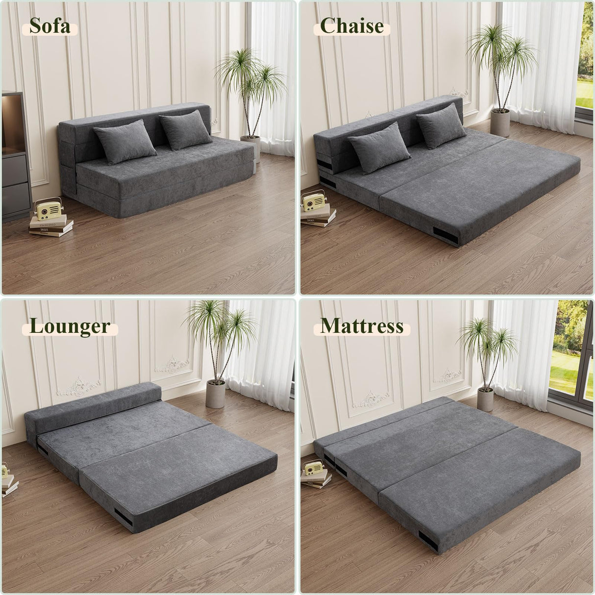 HOMFINE Folding Sofa Bed - Convertible Sleeper Chair with Pillow, Fold Out Couch, Memory Foam Floor Mattress, Futon Couch, Lazy Sofa for Living Room/Dorm/Guest Room/Home Office, Queen, Grey HOMFINE
