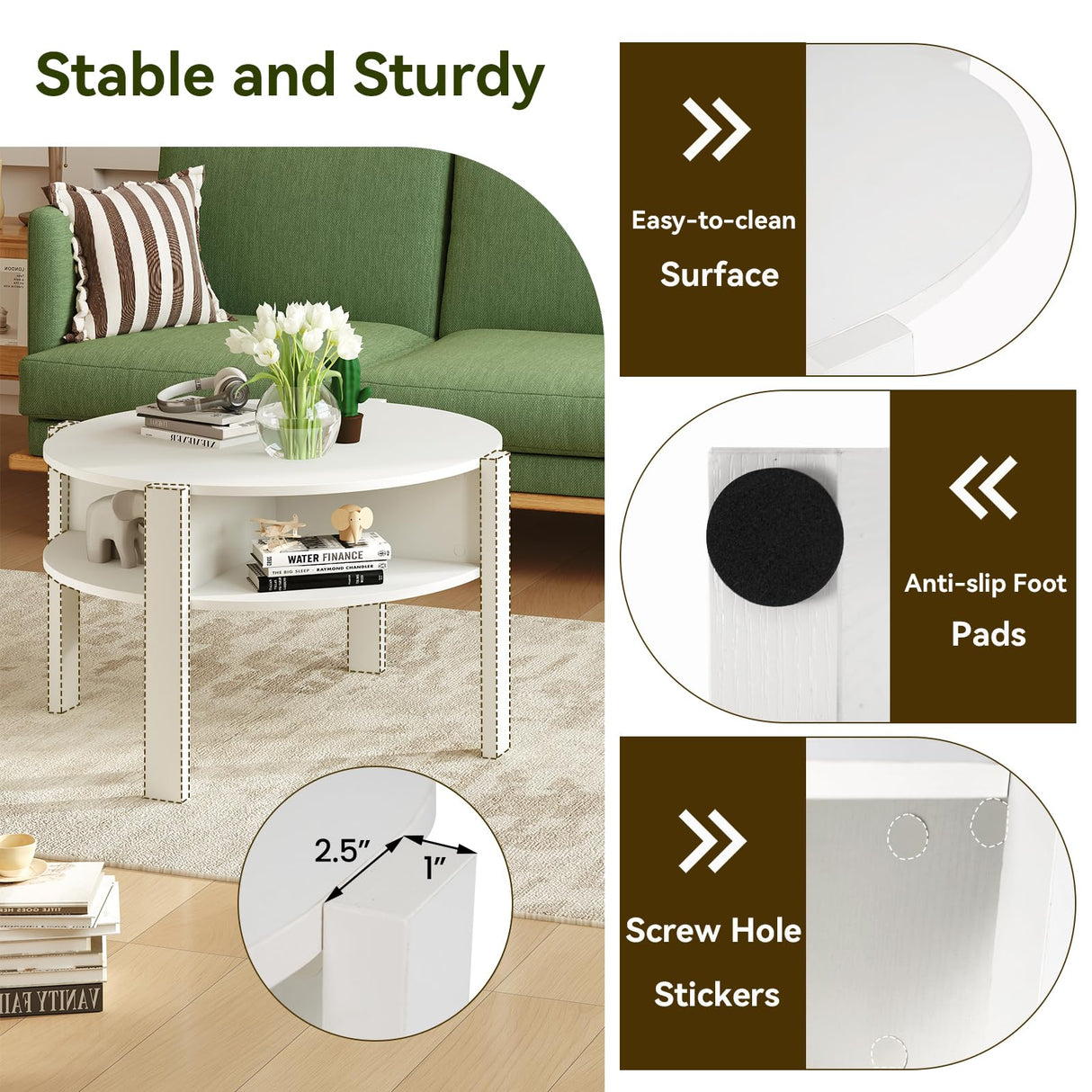 Giantex Round Coffee Table, 2-Tier Mid Century Modern Tea Cocktail Table with Storage Shelves & 4 Side Compartments, Wood Center Table for Living Room, Small Spaces (White) Giantex
