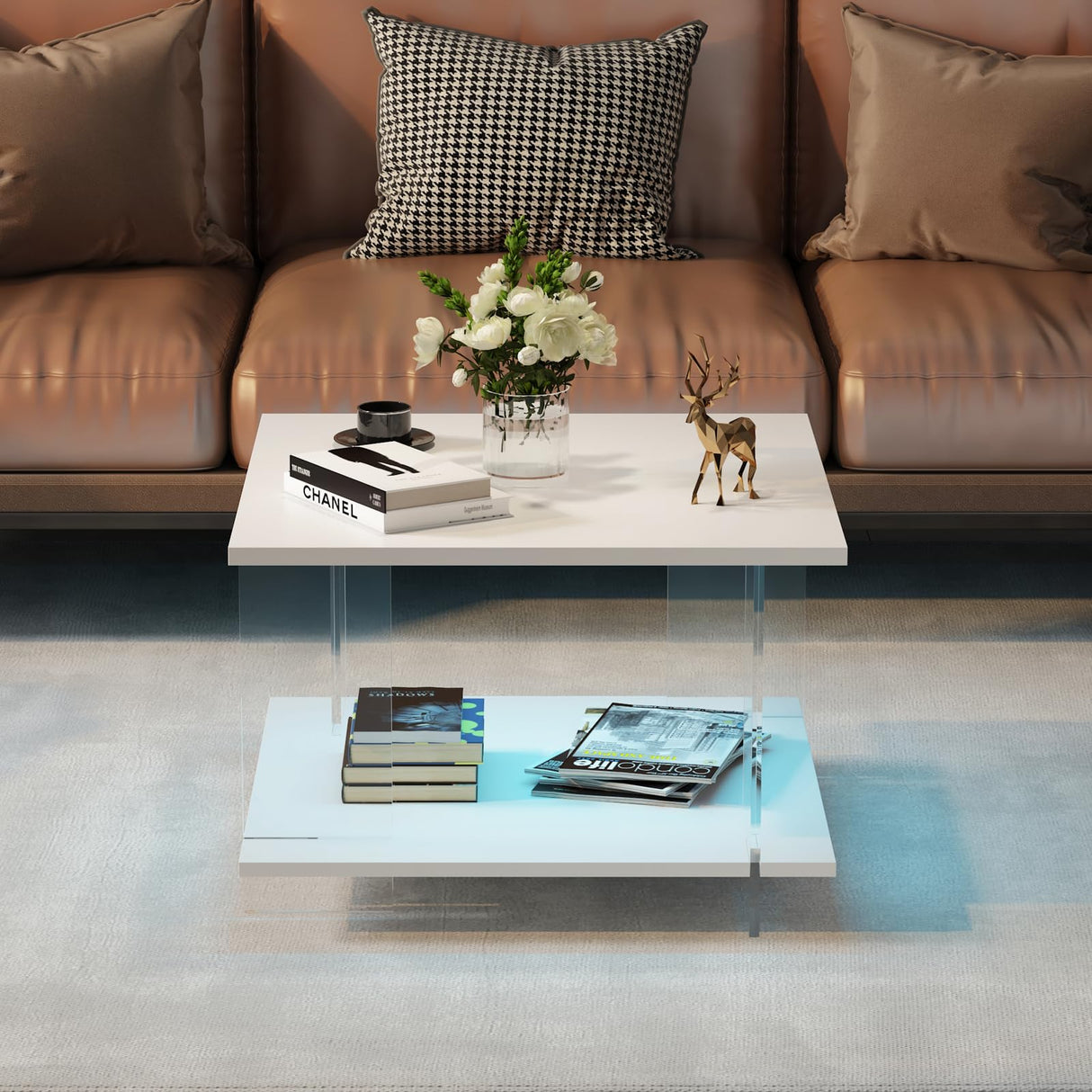 HedoAjim 24" Acrylic Coffee Table with White Wood Tabletop, Minimalist Stylish Modern Square Center Table for Living Room,Led Living Room Table with Storage Shelf & Acrylic Frame for Small Space HedoAjim