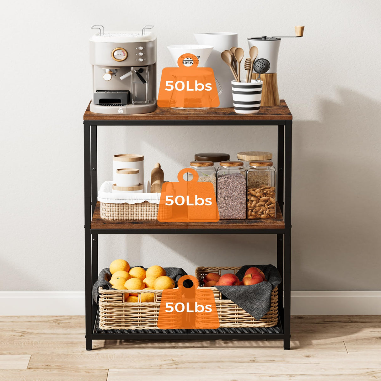 Homleke Kitchen Island with 3 Shelves, Kitchen Shelf with Large Workstation, Bakers Rack, Workbench, Metal Frame, Rustic Brown and Black Homleke