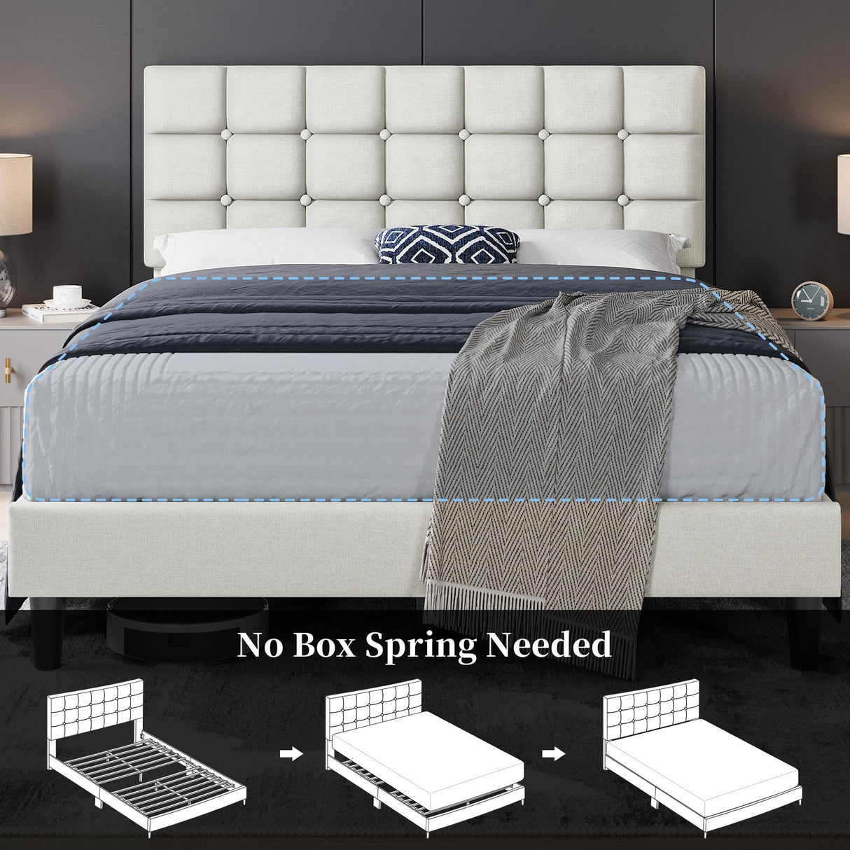 Yaheetech Upholstered Bed Frame, Modern Queen Bed Platform with Square Stitched&Button Tufting Headboard Height Adjustable, Wooden Slats Support, No Box Spring Needed, Queen Size, Beige Yaheetech