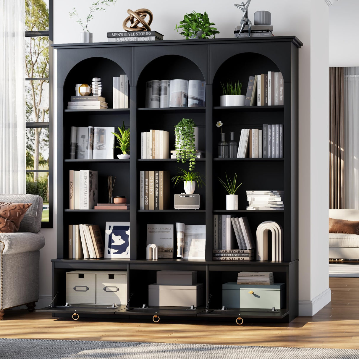 71" Triple Bookshelf with Doors, 5 Tier Tall Bookshelf with Cabinet , Large Book Shelf w/ 12 Adjustable Open Display Shelves & Anti-Tipping, 63" Wide Arched Bookcase for Living Room, Study, Black Loomie