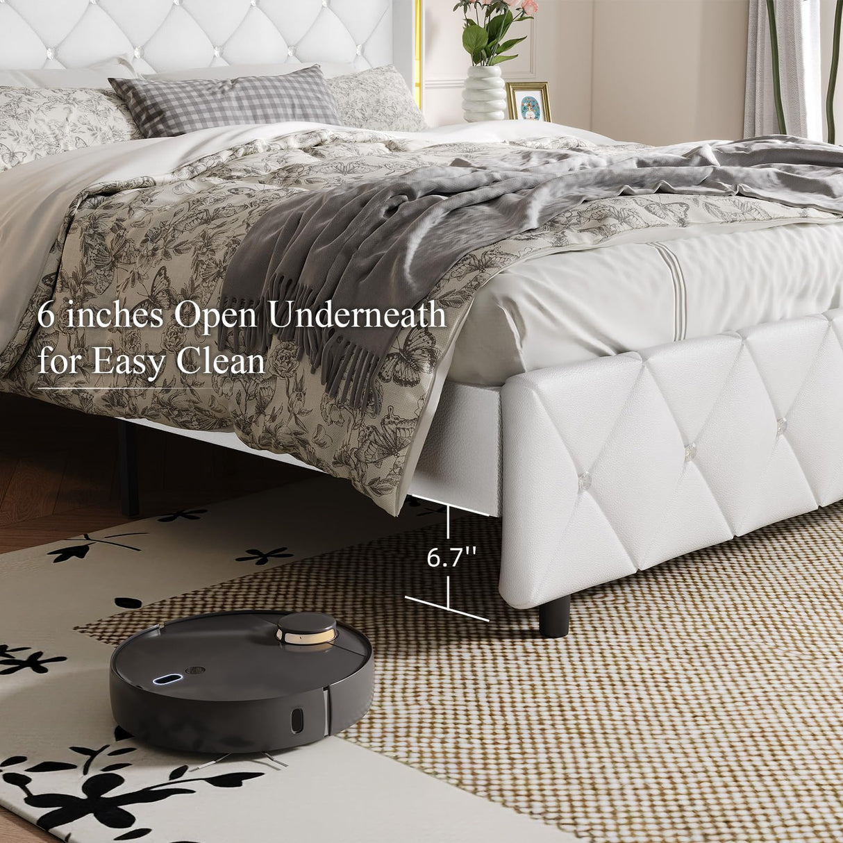 Twin Bed Frames with Headboard, Bed Frame Twin with Diamond Tufted Design, Upholstered Platform Bed with Wingback, No Box Spring Needed, Easy Assembly, White HOMBCK