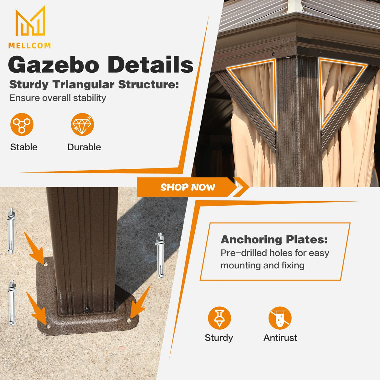 MELLCOM 14' x 20' Hardtop Gazebo,Galvanized Steel Metal Double Roof Aluminum Gazebo with Curtain and Netting,Brown Permanent Pavilion Gazebo with Aluminum Frame for Patios,Gardens,Lawns MELLCOM