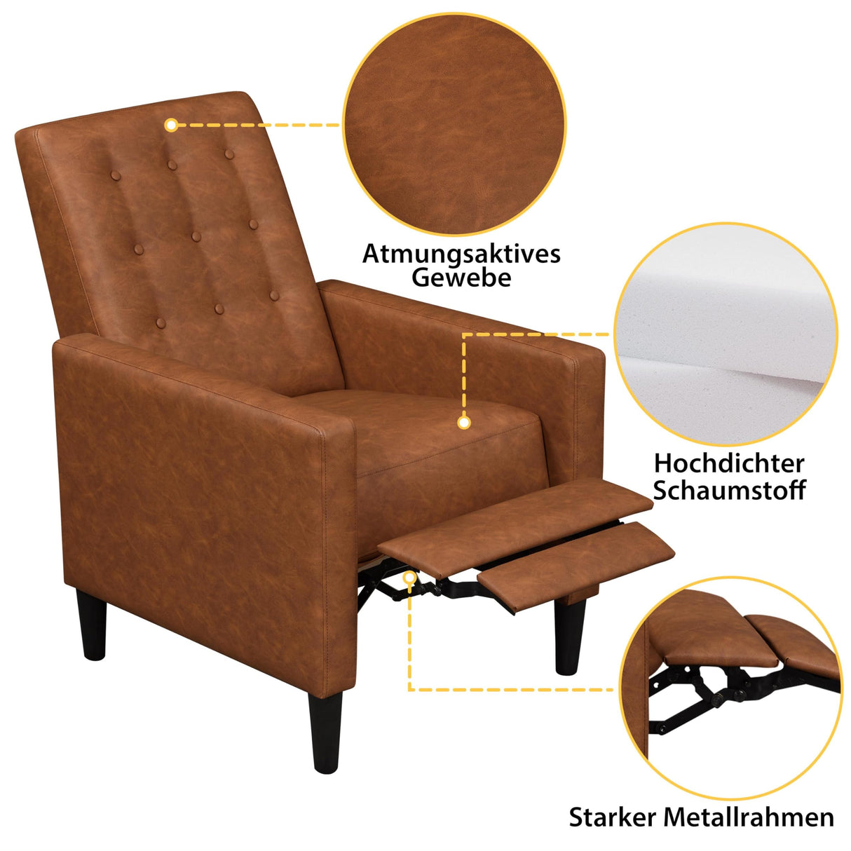 Yaheetech Faux Leather Recliner Sofa Mid-Century Modern Single Reclining Chair Adjustable Back & Footrest Tufted Upholstered Sofa with Pocket Spring Living Room Bedroom Home Theater Brown Yaheetech