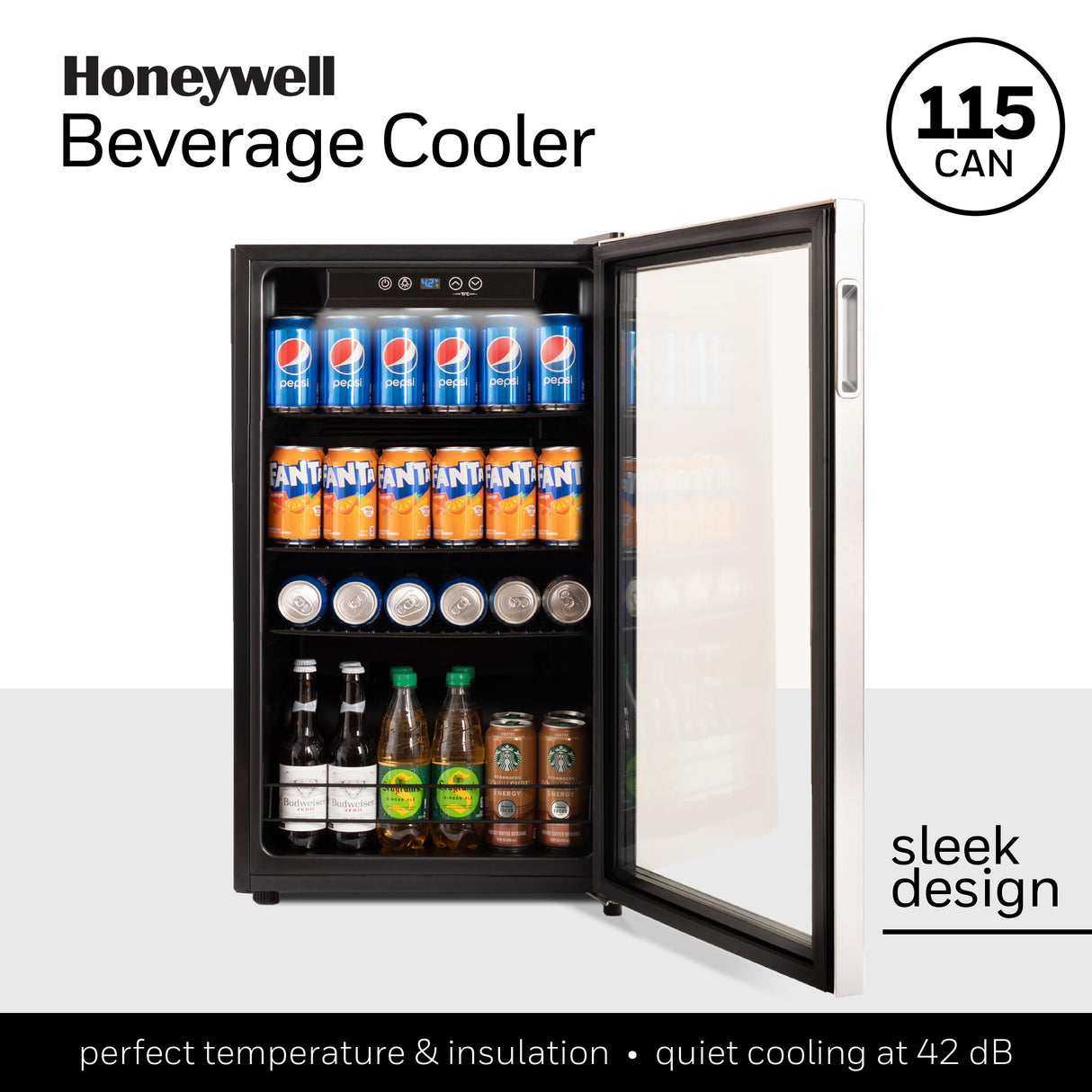 Honeywell Beverage Refrigerator and Cooler, 115 Can Mini Fridge with Glass Door for Soda Beer or Wine for Office or Bar with Adjustable Removable Shelving Honeywell