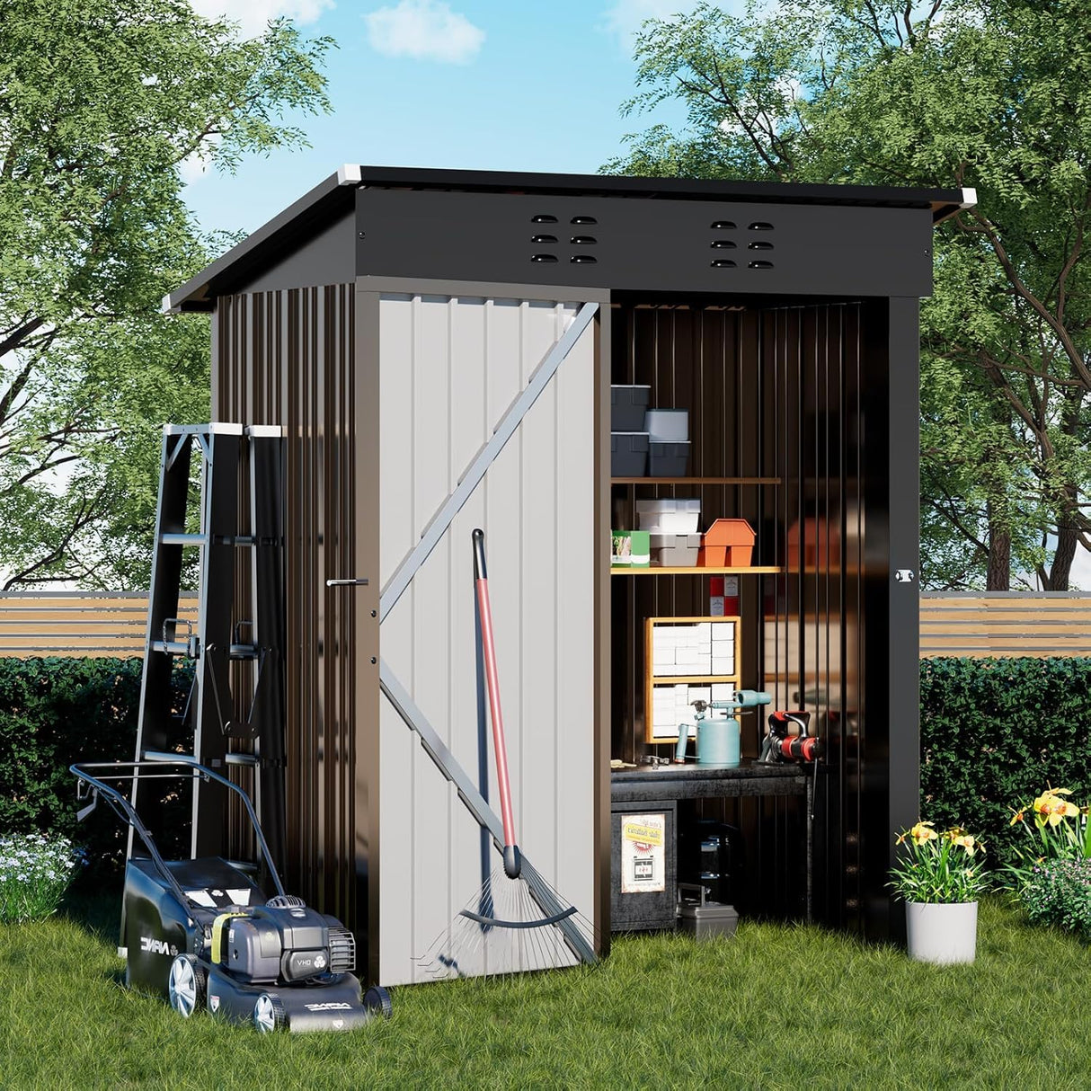 COMHOMA Shed Outdoor Storage Shed Metal,Lockable Doors Tool Sheds with Sloping Roof,Steel Garden Shed with Air Vent for Backyard,Patio,Lawn,Poolside (Brown, 5'*3') COMHOMA