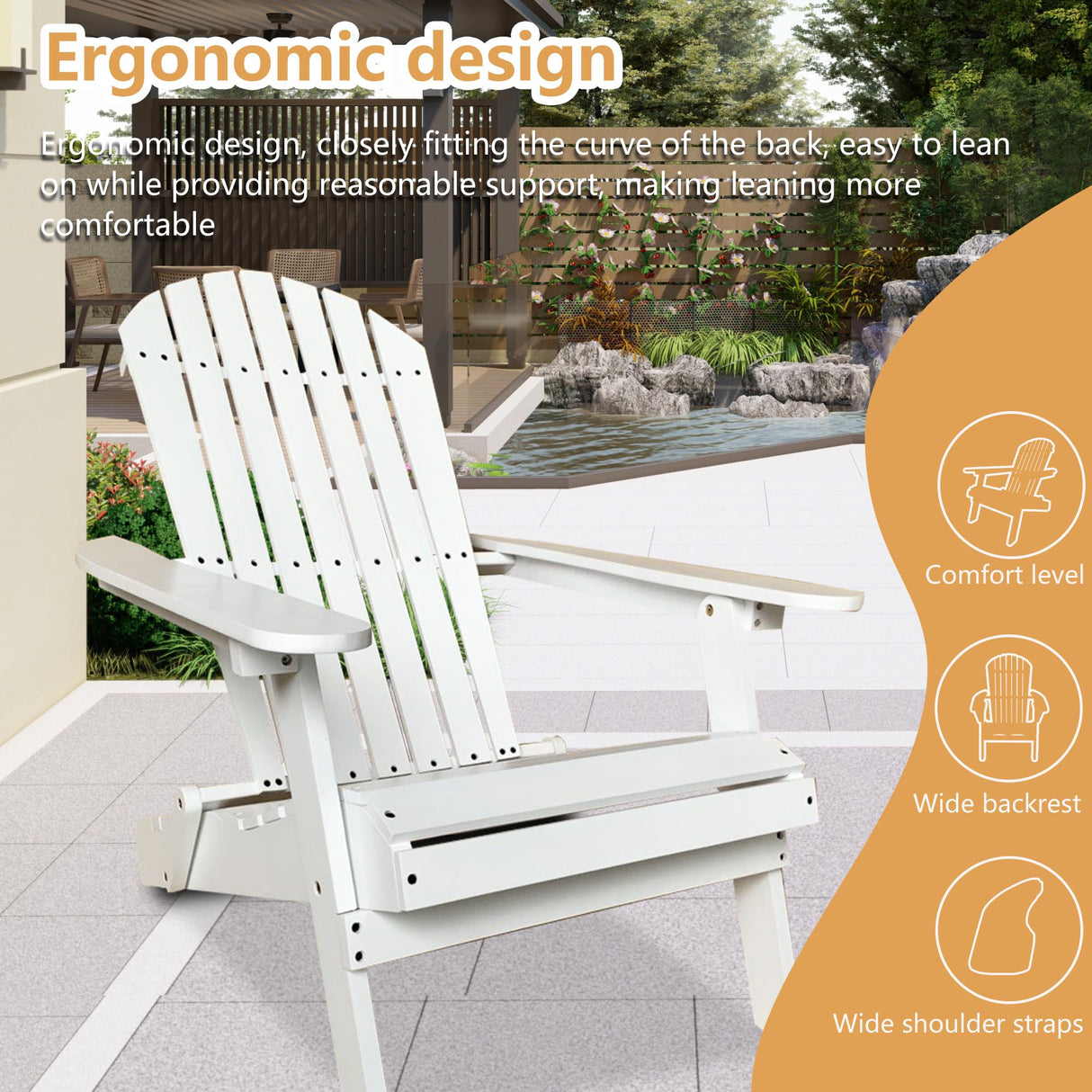 Wooden Adirondack Chair Outdoor Folding Patio Lounge Chair All Weather Fire Pit Chair with Easy Assemble for Outdoor Patio Lawn Garden Beach, White PayLessHere