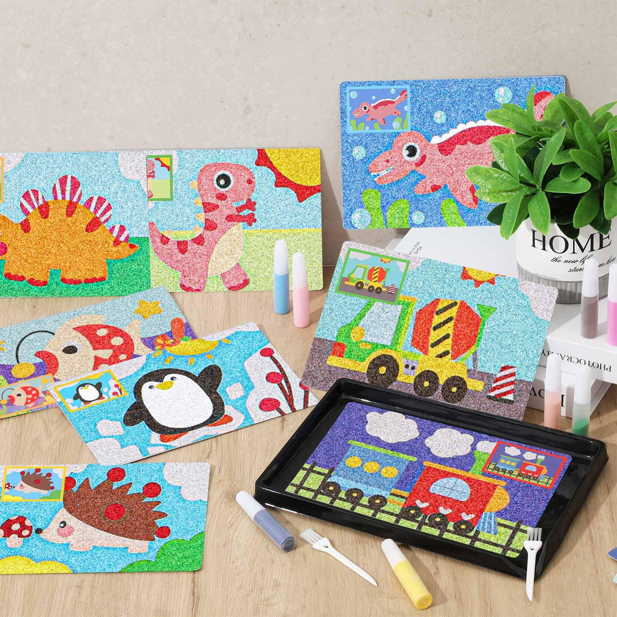 Tenceur 119 Pcs Kids' Sand Art Kits Сolor Sand Art Pictures Peel and Stick 12 Color 32 Pcs Sand Painting Board 2 Sand Painting Tray 2 Brush 24 Bottles for Kids Tenceur