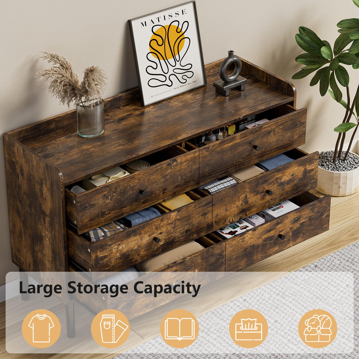 LYNSOM Dresser for Bedroom, 6 Drawer Rustic Brown Dresser with Wide Drawer and Metal Handles, Modern Dressers & Chests of Drawers for Hallway Entryway LYNSOM