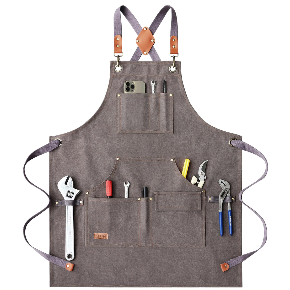 AFUN Work Aprons for Men with Large Pockets, Cotton Canvas Cross Back Heavy Duty Adjustable Tool Apron, Size M to XXL (Grey) AFUN