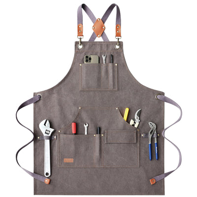 AFUN Work Aprons for Men with Large Pockets, Cotton Canvas Cross Back Heavy Duty Adjustable Tool Apron, Size M to XXL (Grey)