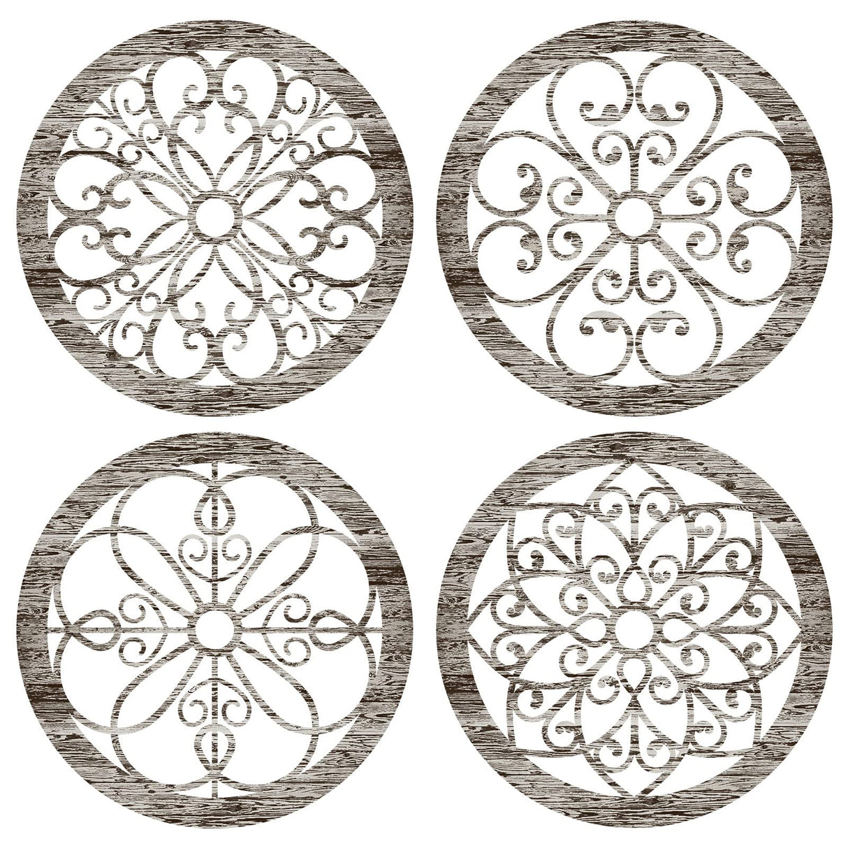 Yulejo 4 Pcs Thicken Rustic Wall Decor Farmhouse Wall Art Wooden Hollow Carved Design Decor Rustic Round Wall Art for Living Room Bedroom Hallway Decor Kitchen Wall (Retro White,9.8 x 9.8 Inch) Yulejo