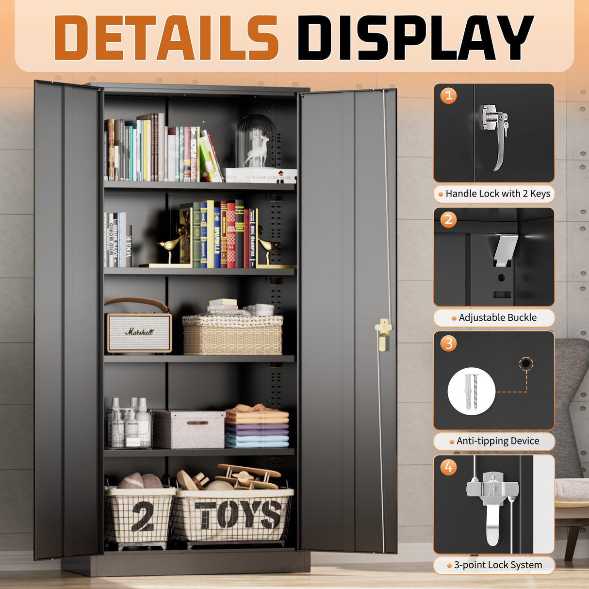 Greenvelly Metal Storage Cabinet with Lock, 72" H Black Metal Garage Storage Cabinet with Doors and 4 Shelves, Lockable Steel Tool Cabinets for Garage, Home, Office, Shop, School(36" W x 18" D) Greenvelly