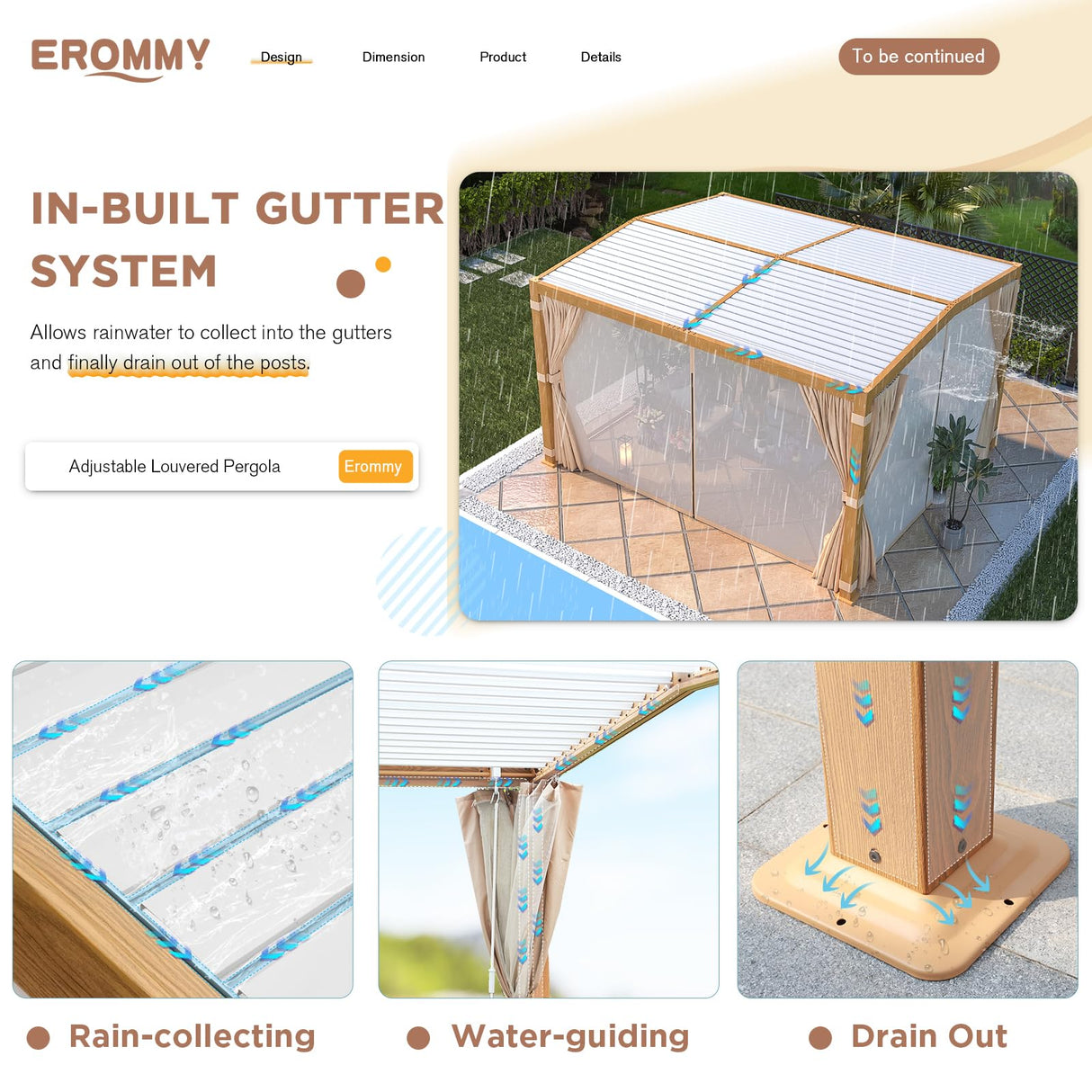 EROMMY Louvered Pergola 11'x13' Outdoor Hard Top Mansard Roof Gazebo with Aluminum Wooden Grain Frame and Adjustable Metal Rainproof Roof for Garden & Patio, Curtains and Netting Included, Wood Grain EROMMY