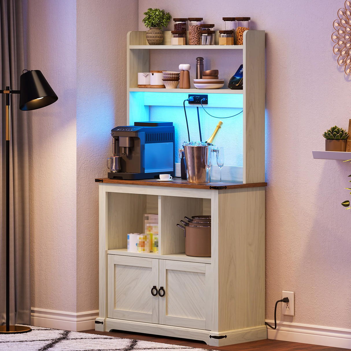 YITAHOME Bakers Rack Cabinet, Microwave Stand with Power Outlet & RGB LED Lights, Farmhouse Coffee Bar Station with Storage, 5-Tier Kitchen Pantry Hutch for Dining Living Room,White Walnut Grain YITAHOME