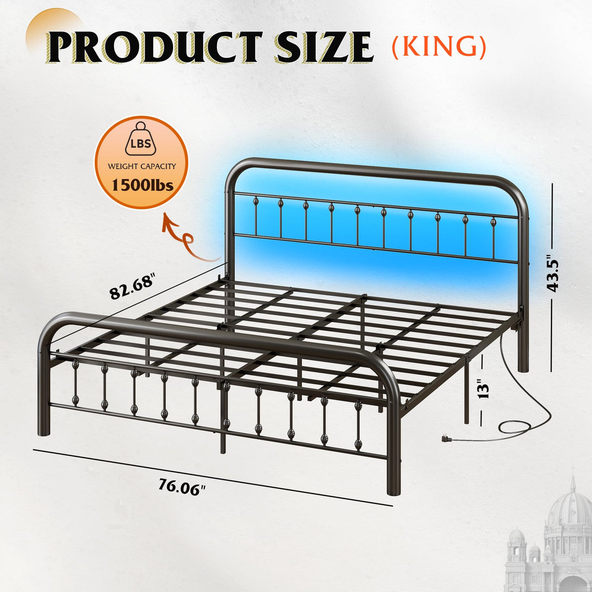 WLIVE Bed Frame King Size, King Size Bed Frame and Headboard, King Bed Frames with LED Lights and Charging Station,No Box Spring Required,Easy Assembly,Black WLIVE