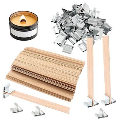 Litoexpe Wooden Candle Wicks 100 Pcs, 5.1 X 0.5 Inch Wood Wicks for Candle Making, Naturally Smokeless Wooden Candle Wicks Candle Coreswith Wick Clips Holders with Metal Base 50 Sets