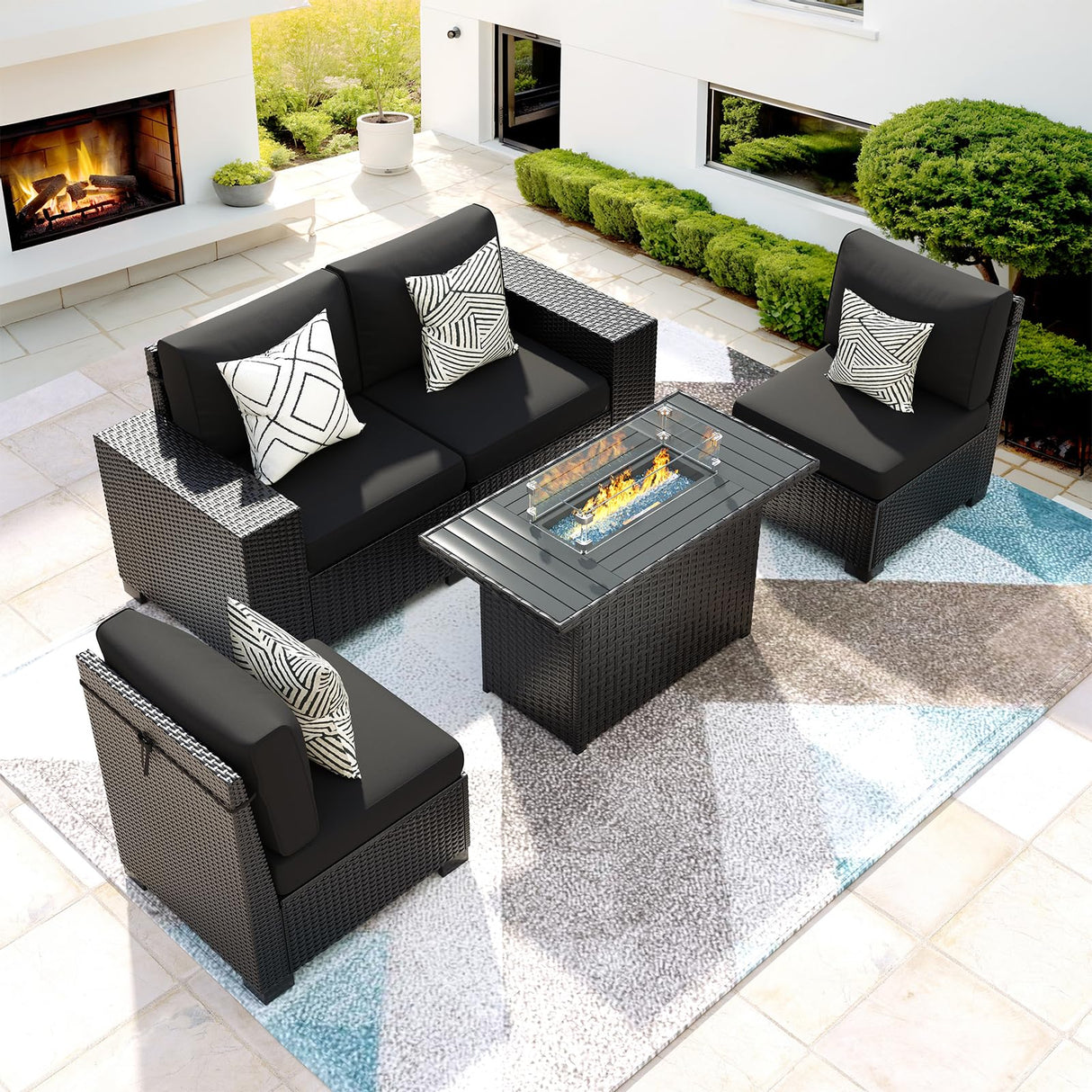 VONZOY 5 Piece Patio Furniture Set with Fire Pit Table, Outdoor Sectional Conversation Sets Black Wicker Rattan Sectional Sofa for Patio Garden Backyard, 4'' Thickened Cushion Black VONZOY