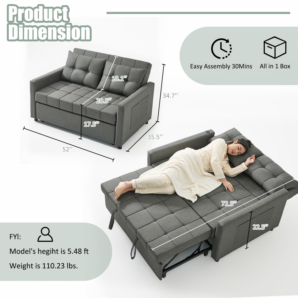 52" Sleeper Sofa with Pull-Out Bed, 3-in-1 Convertible Sofa Bed, Loveseat with Stepless Adjustable Backrest and Side Pocket, for Living Room Dorm Apartment, Linen, Dark Gray GOSUHI