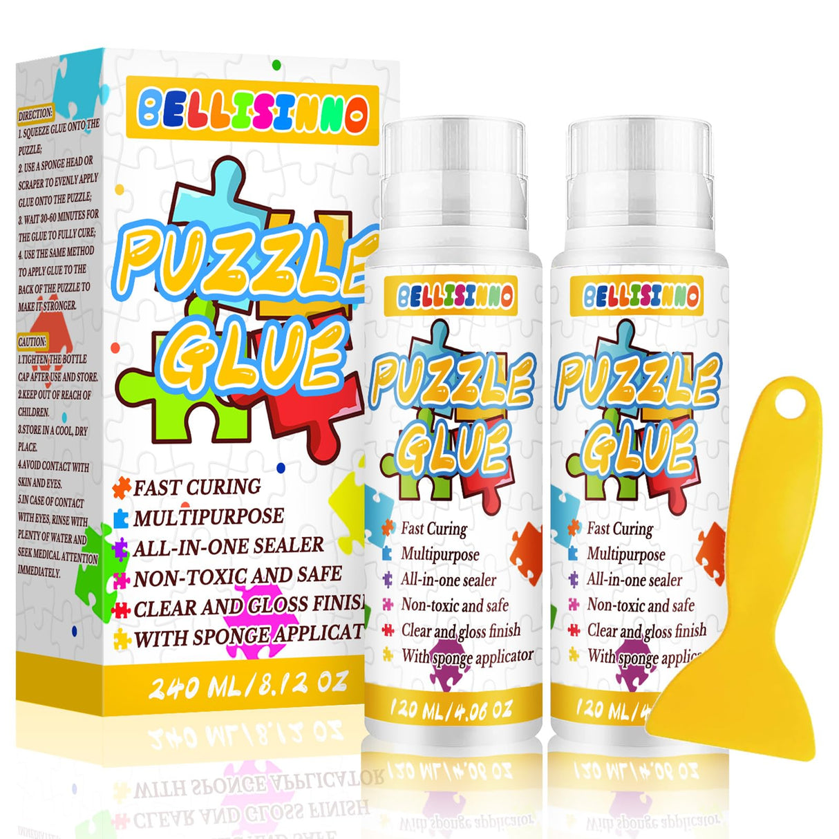Puzzle Glue with New Sponge Head, Clear Water-Soluble Quick Dry Jigsaw Puzzle Glue, Suitable for 1000/3000/5000 Pieces of Paper and Wood Puzzle, 120ml*2 Bellisinno