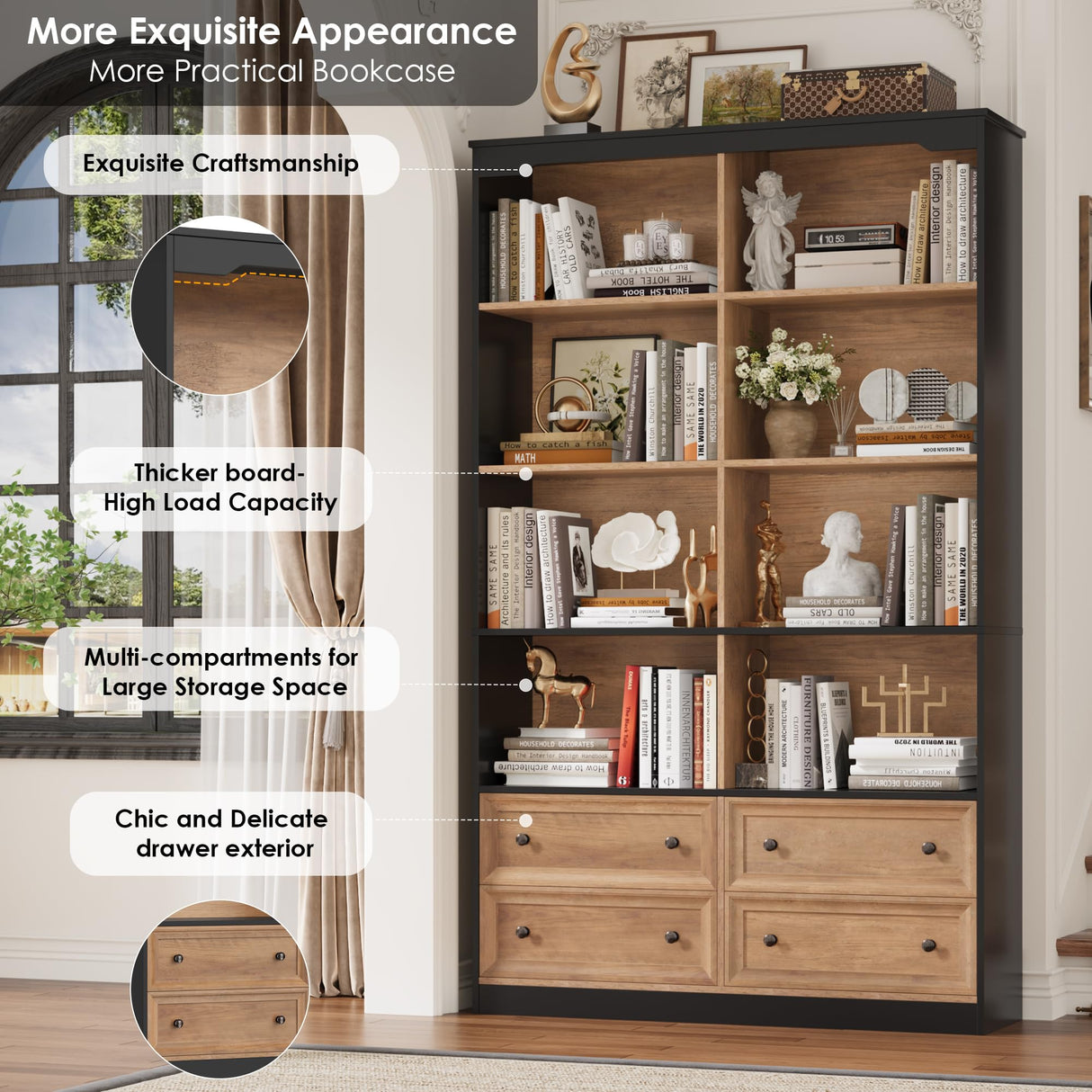 FINETONES 71" Tall Bookshelf with 4 Drawers, 6-Tier Double Wide Bookshelves and Bookcases with Storage, Tall Bookshelf Large Standing Book Cabinet for Home Office, Brown/Black FINETONES