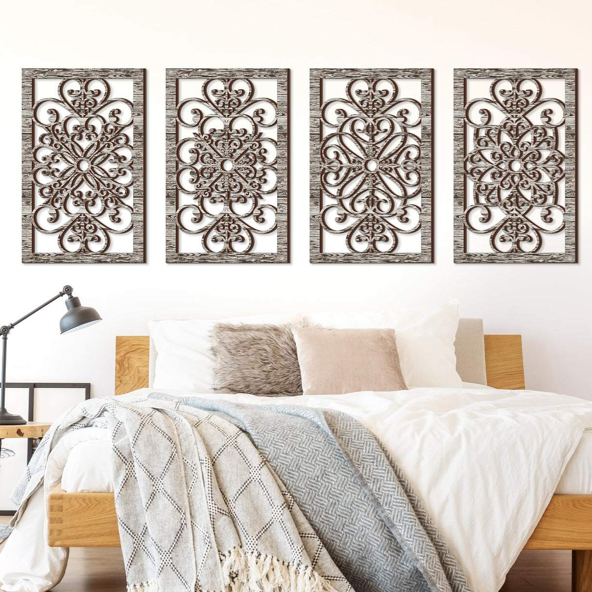 Yulejo 4 Pcs Thicken Rustic Wall Decor Modern Farmhouse Wall Art Decor Wooden Hollow Carved Design Rustic Wall Art for Living Room Hallway Decor Office Kitchen Wall (Gray,15.8 x 9.9 Inch) Yulejo