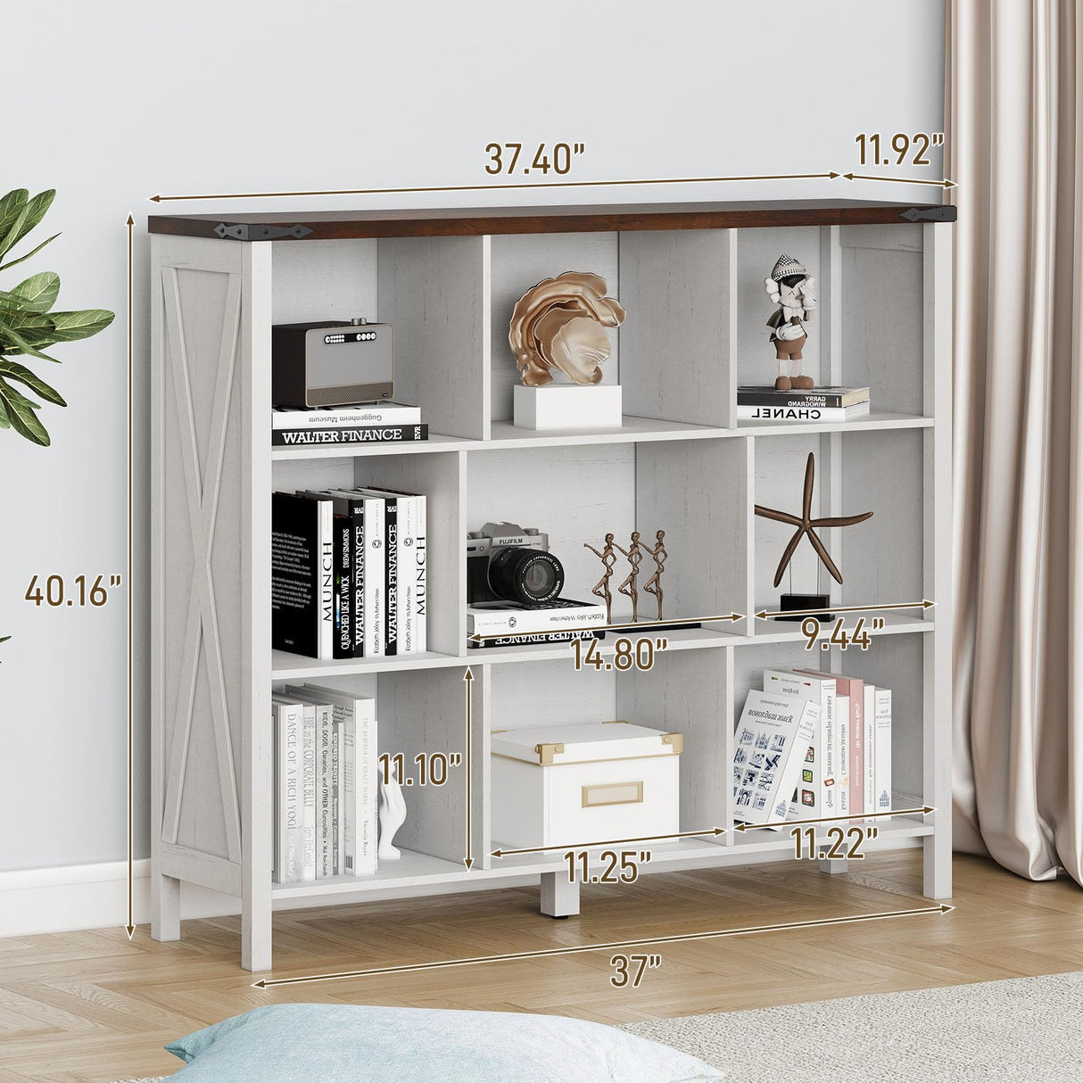 9 Cube Storage Organizer, Farmhouse Bookshelf Wooden Cube Shelves Bookcase 3-Tier Display Cabinet Rack for Bedroom, Living Room, Office (Brown&Off White, 9 Cube Open Shelves) Vabches