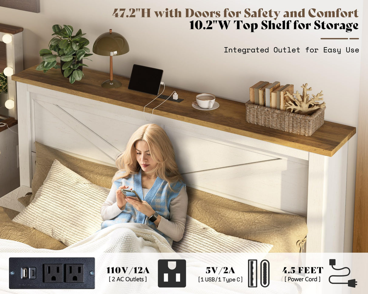 AMERLIFE King 47.2" H Bed Frame with Hidden Space Bookcase Headboard and Charging Station, Beds with 2 Storage Drawers and Wood Slats, No Box Spring Needed, White & Barnwood AMERLIFE