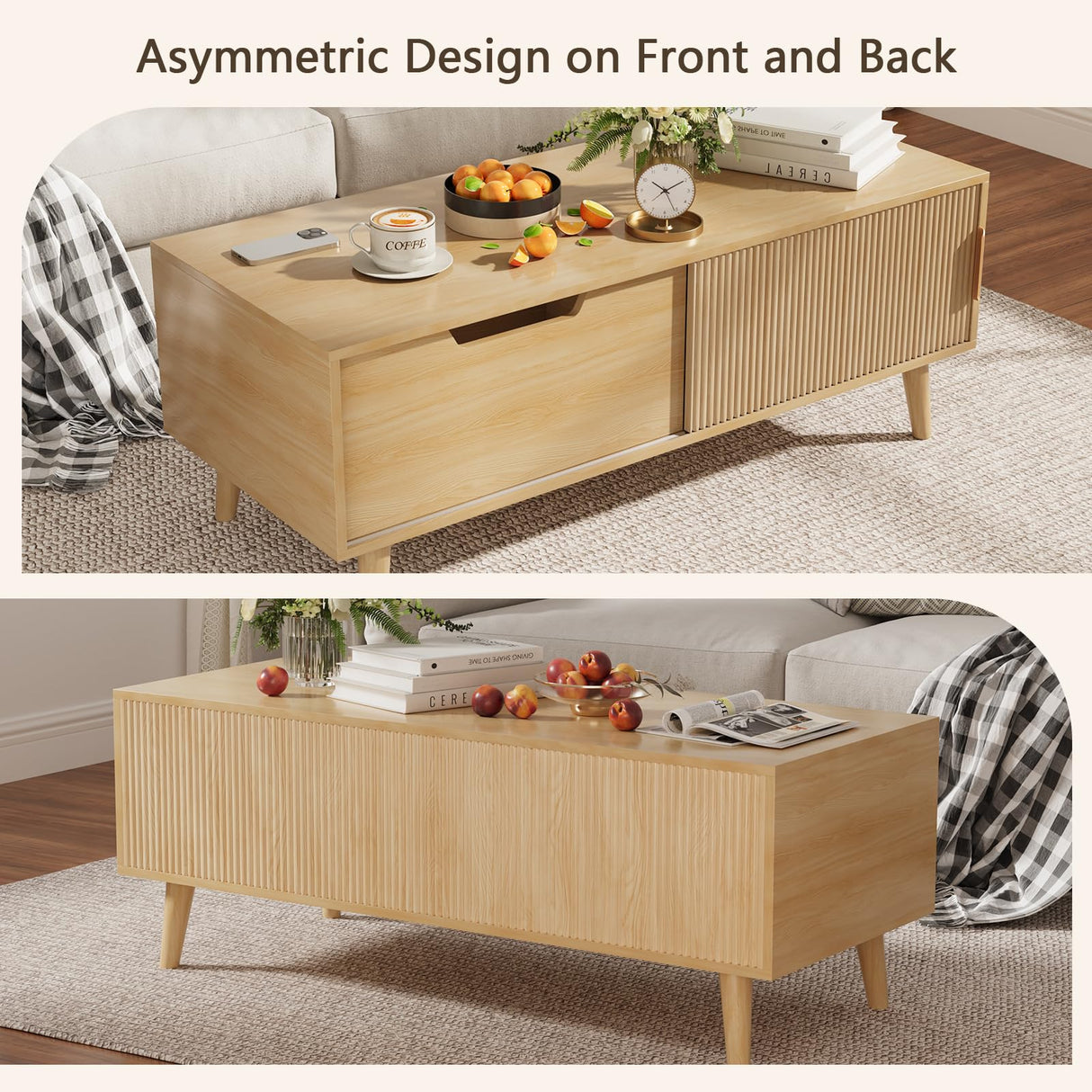 Buenhomino 47" Modern Coffee Table with Storage, Light Wood Accent Center Tables with Sliding Fluted Door Panel and Drawer, Boho Minimalist Console Table Suitable for Living Room, Apartment Natural Buenhomino