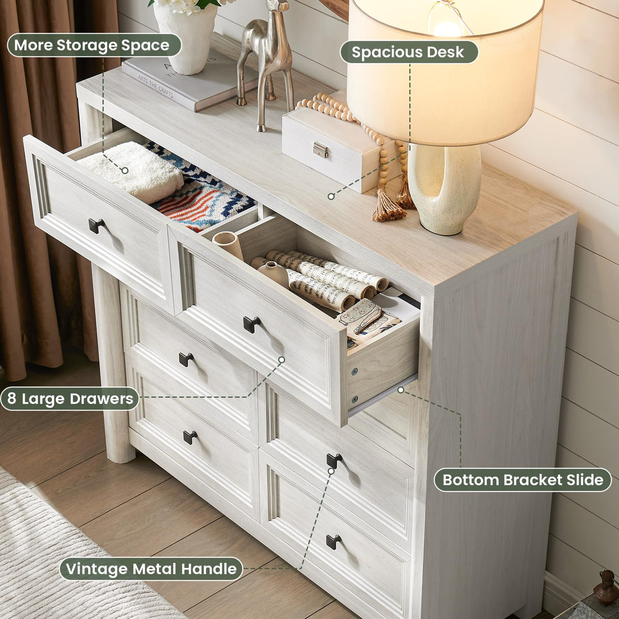 Standifurno Farmhouse 8 Drawers Dresser for Bedroom, 41" Tall Rustic Wood Chest of Drawers with Natural Texture, Metal Handle, White Storage Closet Dressers Organizer for Bedroom, Living Room, Hallway Standifurno