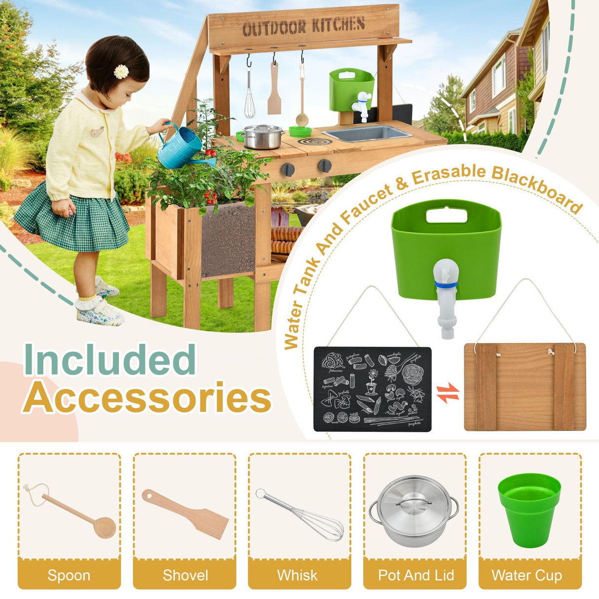 Aoparts Mud Kitchen for Kids Outdoor, Wood Outdoor Kitchen with Planter Box, Toddler Play Kitchen with Sink, Faucet, Blackboard, Water Cup and Kitchen Accessories for Kids Aoparts