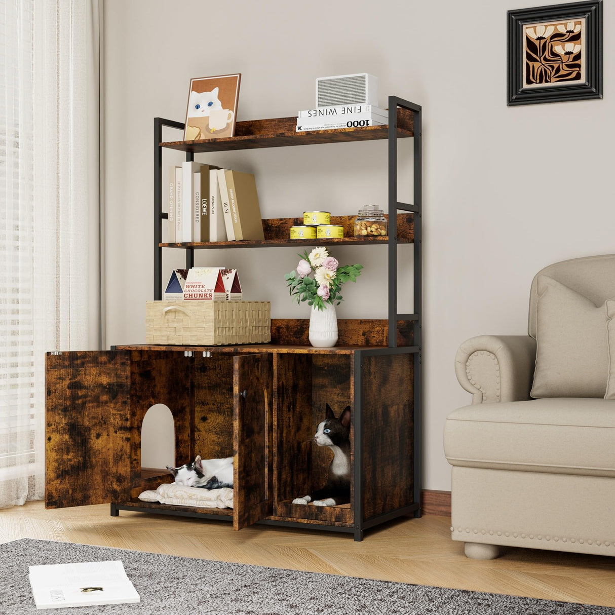 Litter Box Enclosure with 2 Storage Shelves Hidden Cat Litter Box Furniture with Scratch Pad, Indoor Cat House Kitty Box Washroom Cat Bookshelf Cabinet Retro Brown Hipicute