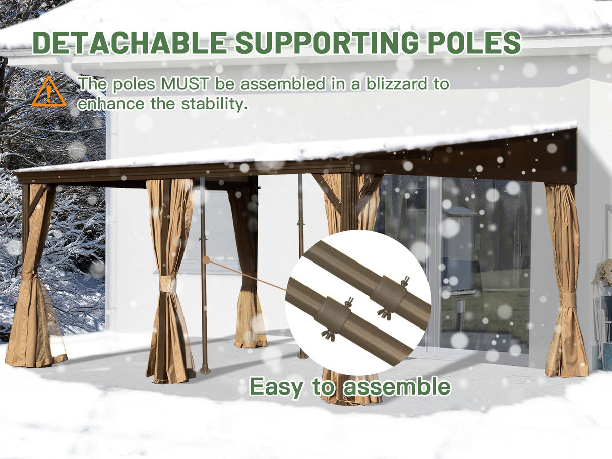 Domi 12x16FT Lean to Gazebo, Hardtop Wall Mounted Gazebo with Sloping Galvanized Steel Roof, Aluminum Frame, Drainage System, Curtains and Netting, for Patio, Deck, Garden, Backyard domi outdoor living