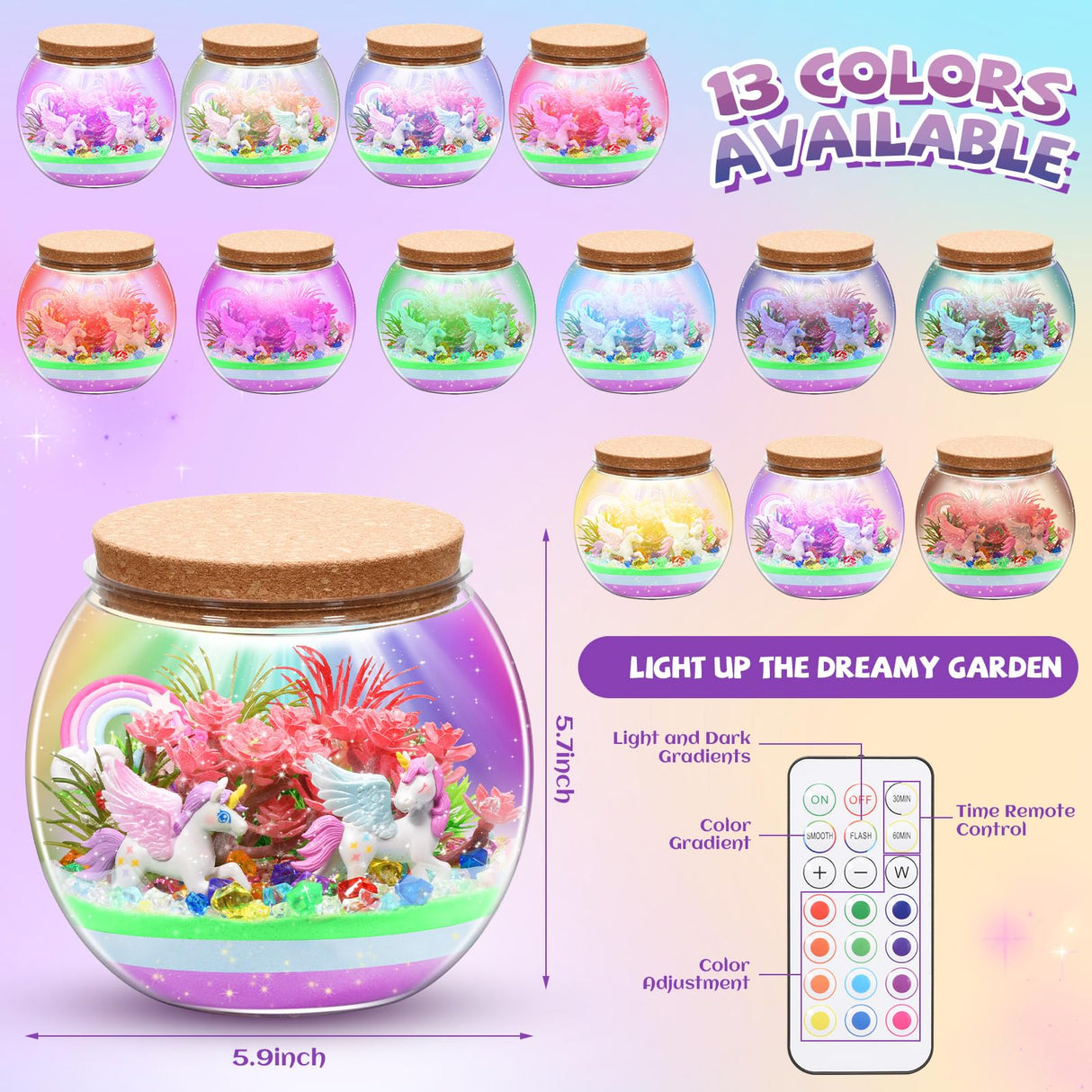 Kaivee 2 Theme in 1 Jar Light Up Unicorn Terrarium Kit & Night Light Fairy Terrarium Kit Creativity DIY Aarts Crafts for Girls Toys Ages 4 5 6 7 8 Year Old Girl Birthday Gifts KAIVEE