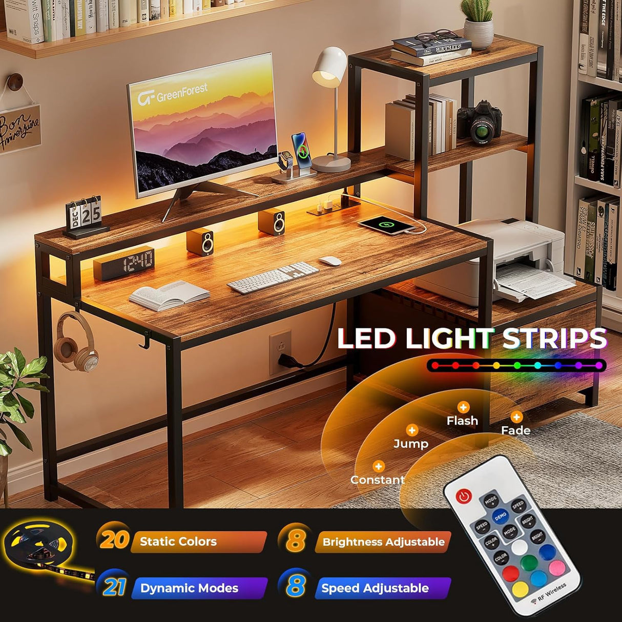 GreenForest Office Desk with Power Outlets and Printer Shelf, 59 inch Computer Desk with LED and Drawer, Reversible Gaming Desk with Storage for Home Study Working,Walnut GreenForest