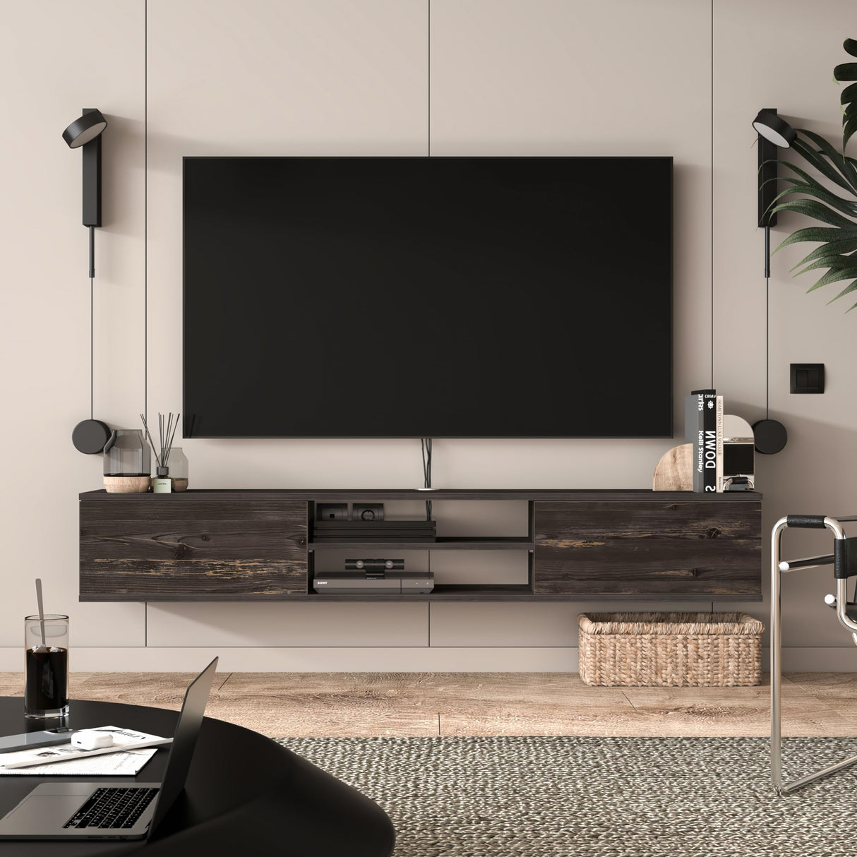 Atelier Mobili Floating TV Stand, 70 inch TV Stand for 75 inch TV, Floating TV Stand Wall Mounted, Floating Entertainment Center, TV Stands for Living Room, Black TV Stand (Black Oak) ATELIER MOBILI THE LEADER OF THE INTERCHANGEABLE FURNITURE