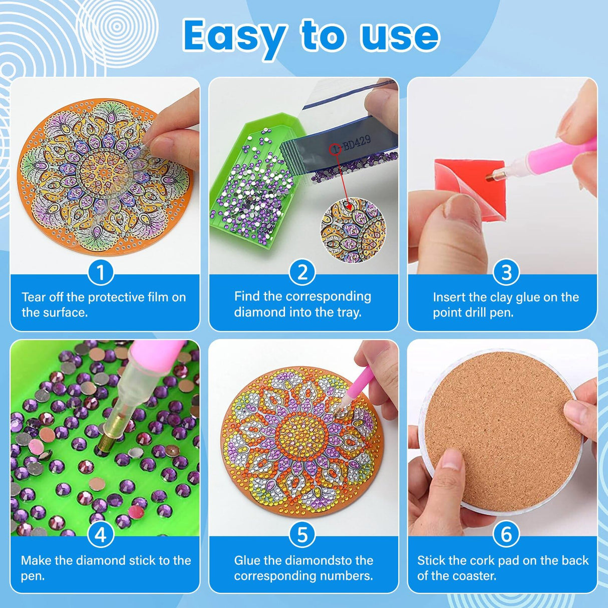 FILASLFT 8 Pcs Diamond Painting Coasters with Holder, Beginners DIY Diamond Art Coasters Crafts for Adults,Small Diamond Painting Kits Circular Coaster Suitable for Gifts and Office Home FILASLFT