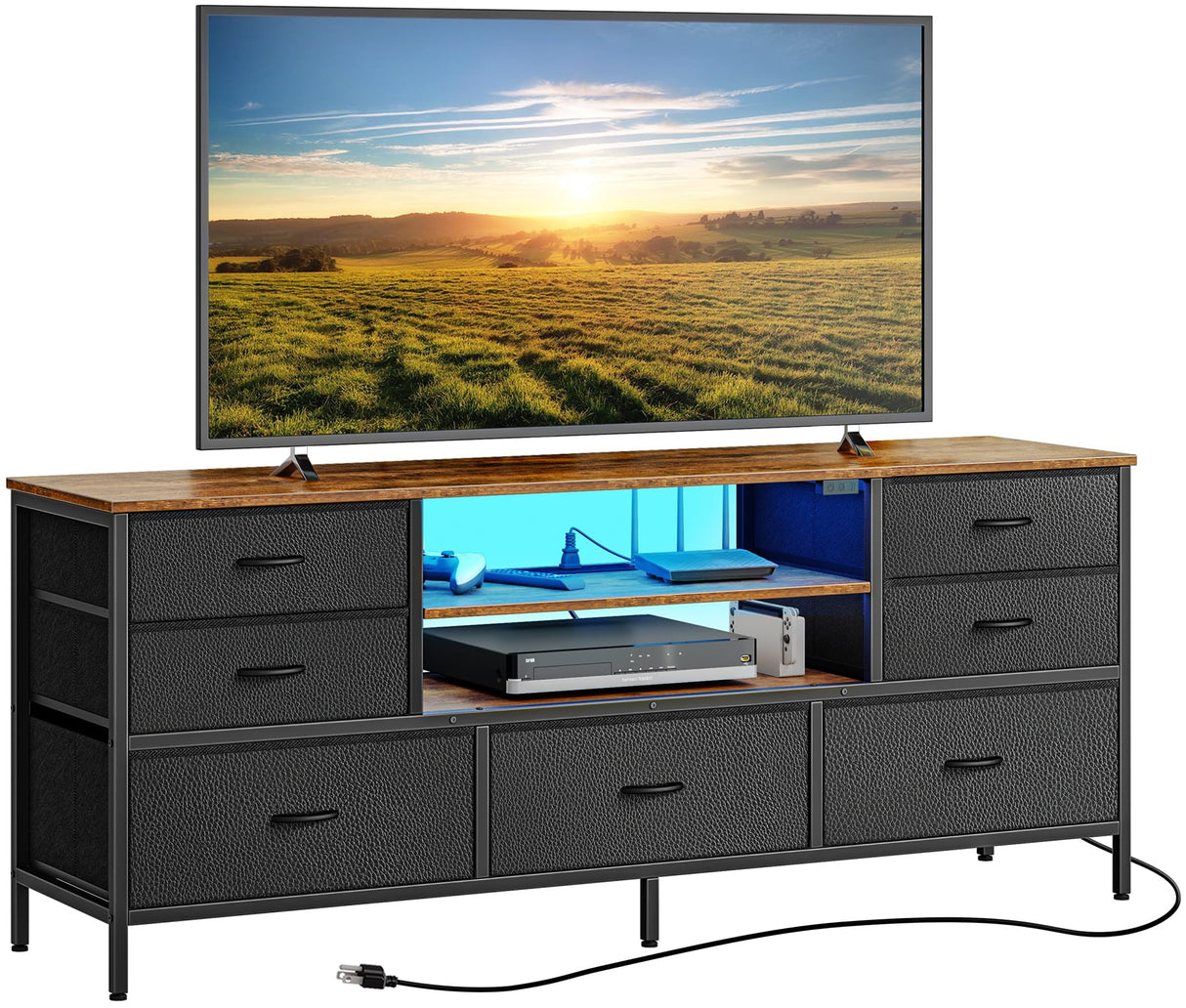 Huuger TV Stand Dresser with Power Outlets and LED Lights, 7 Drawers Entertainment Center for 60 Inch TV, TV Console with Open Shelf, 55 Inches Wide Fabric Dresser, PU Leather, Rustic Brown and Black Huuger