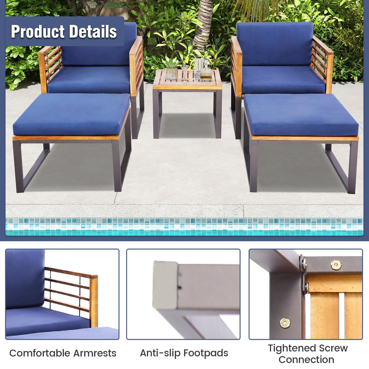 Tangkula 5 Piece Patio Chair Set, Acacia Wood Chair Set w/Ottomans & Coffee Table, Soft Seat & Back Cushions, Outdoor Wood Furniture Set for Backyard, Poolside, Garden Tangkula