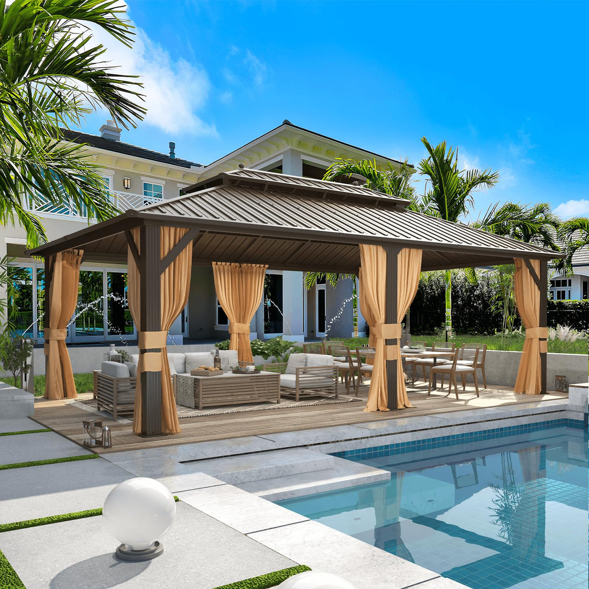 MELLCOM 12'x20' Hardtop Gazebo, Galvanized Steel Metal Double Roof Aluminum Gazebo with Curtain and Netting, Brown Permanent Pavilion Gazebo with Aluminum Frame for Patio, Lawn & Garden MELLCOM