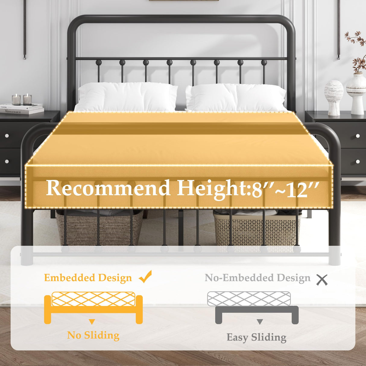 Fluest Queen Bed Frame Classic Metal Platform Bed Frame with Charging Station & LED, Victorian Style Iron-Art Headboard/Footboard, Under Bed Storage, No Box Spring Needed, Noise Free, Black Fluest