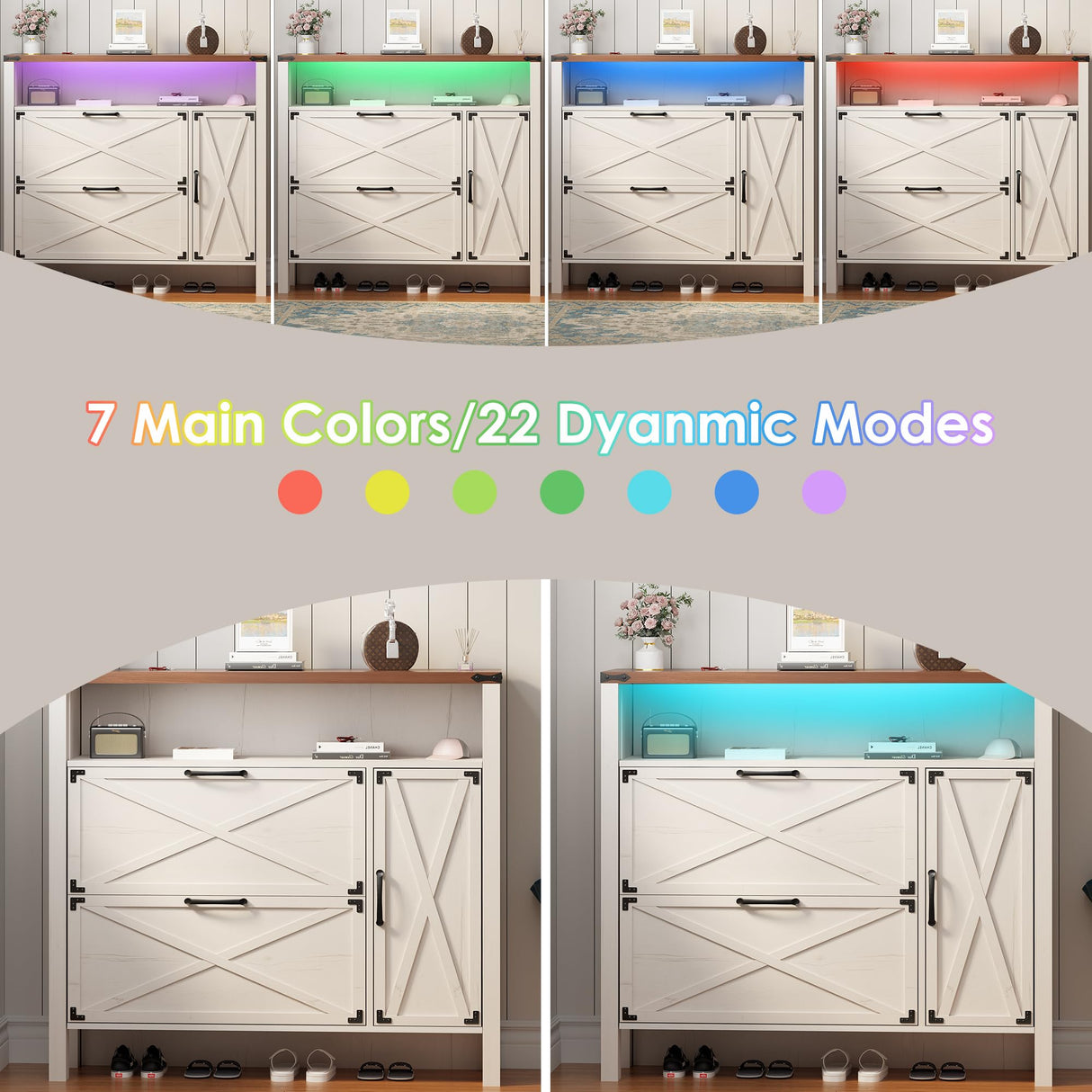 BEWISHOME Shoe Cabinet with 2 Flip Drawers & Adjustable Side Cabinet,Freestanding Shoe Storage Cabinet with Lights, Narrow Entryway Storage for Hallway Living Room Farmhouse,White, KXG03W BEWISHOME