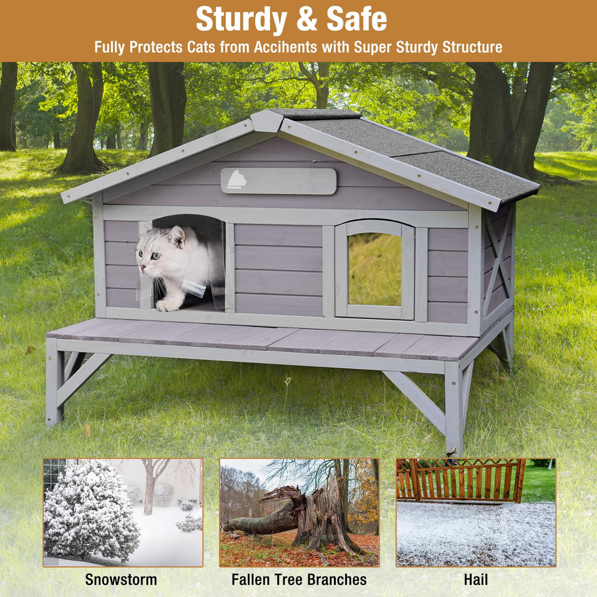 Outdoor Cat House, Shelter for Feral Cats Wooden Kitty Shelter, Weatherproof Cat Enclosure with Large Balcony GUTINNEEN