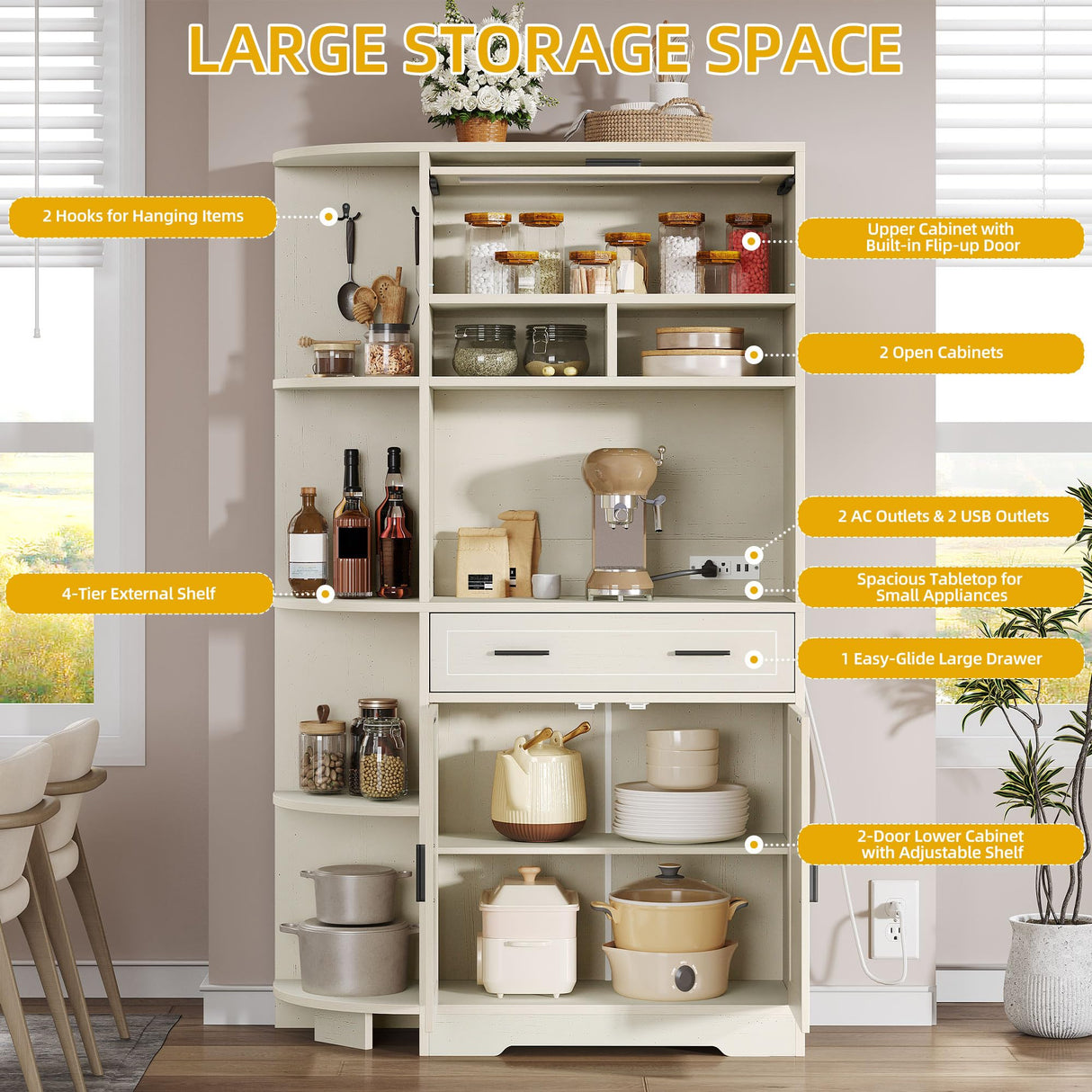 DWVO Kitchen Pantry Cabinet with Drawer, 67" Farmhouse Baker Rack with Power Outlets, Buffet Sideboard w/Microwave Stand, Cupboard Hutch Storage Cabinet for Kitchen, Living Room, Dining Room (White) DWVO