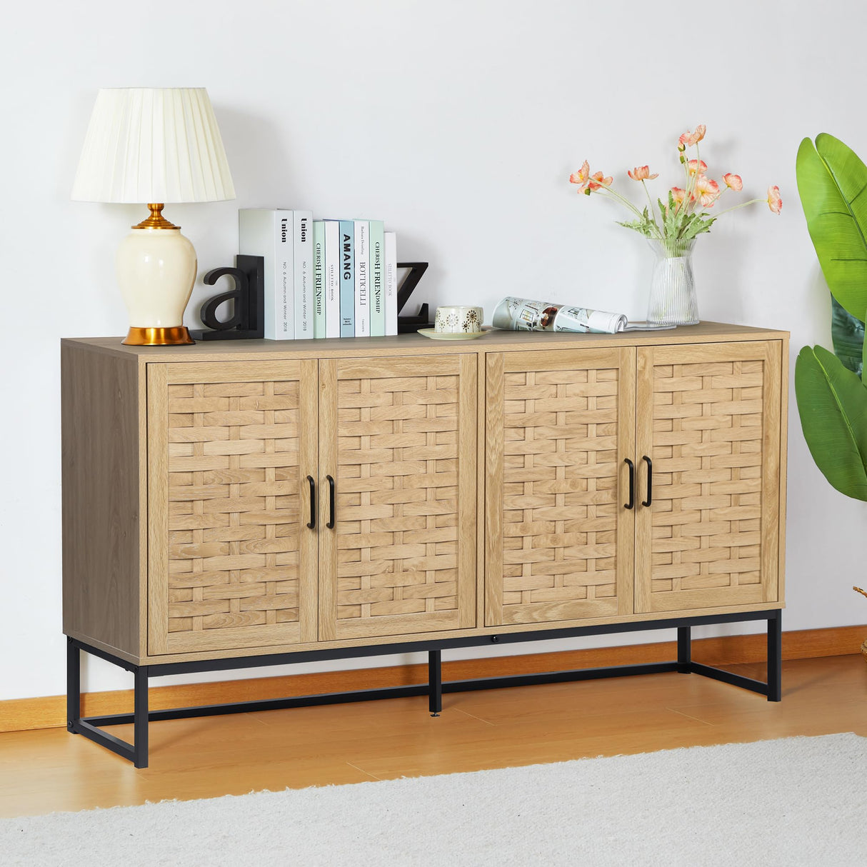 NVETHM Sideboard Cabinet, Modern Buffet Storage Cabinet with Wooden Strip Doors and Adjustable Shelves,Console Cabinet,Credenza for Living Room,Dining Room,Hallway (Natural) NVETHM