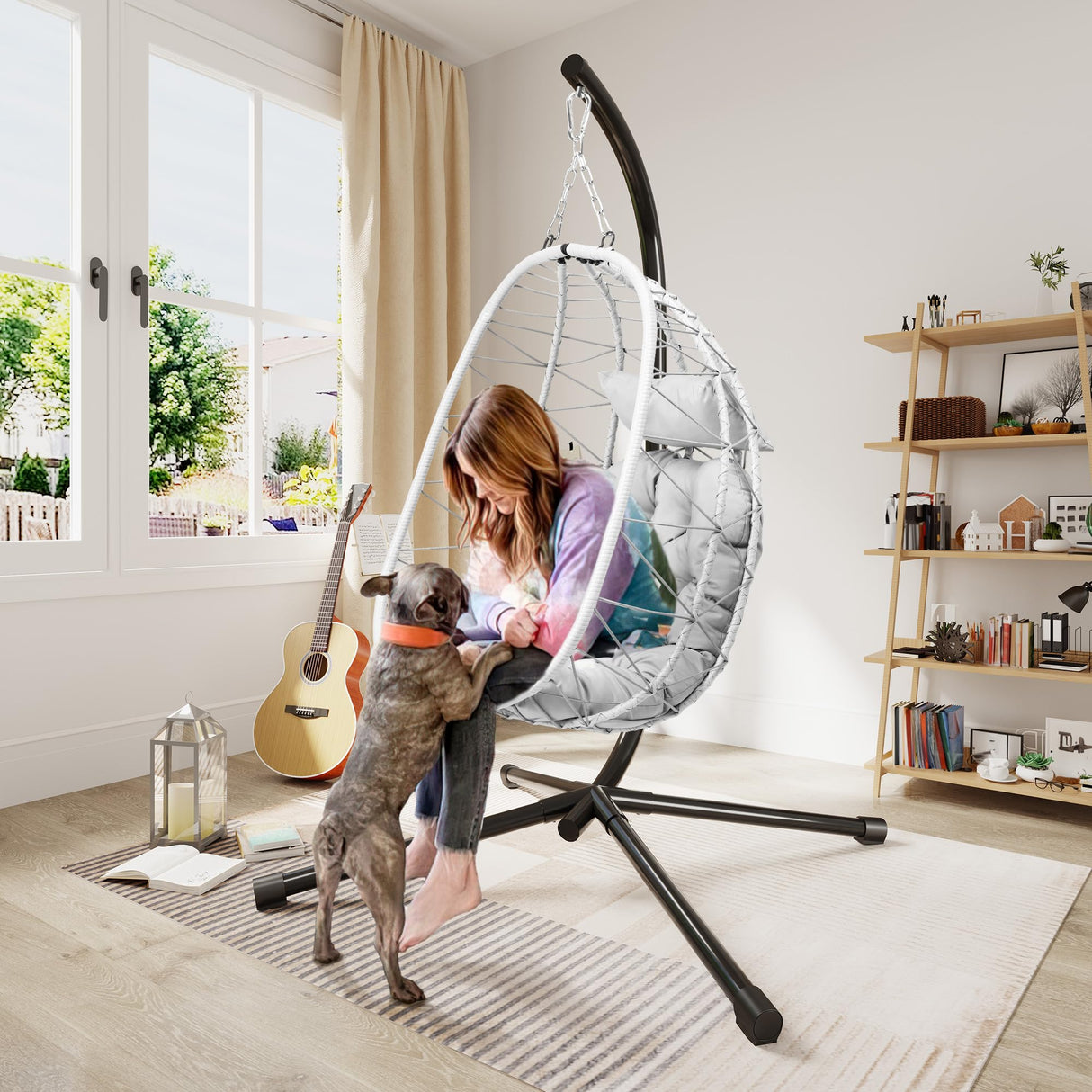 YITAHOME Hanging Egg Chair with Stand Swing Chair Wicker Indoor Outdoor Hammock Egg Chair with Cushions 330lbs for Patio, Bedroom, Garden and Balcony, Single, Light Gray YITAHOME